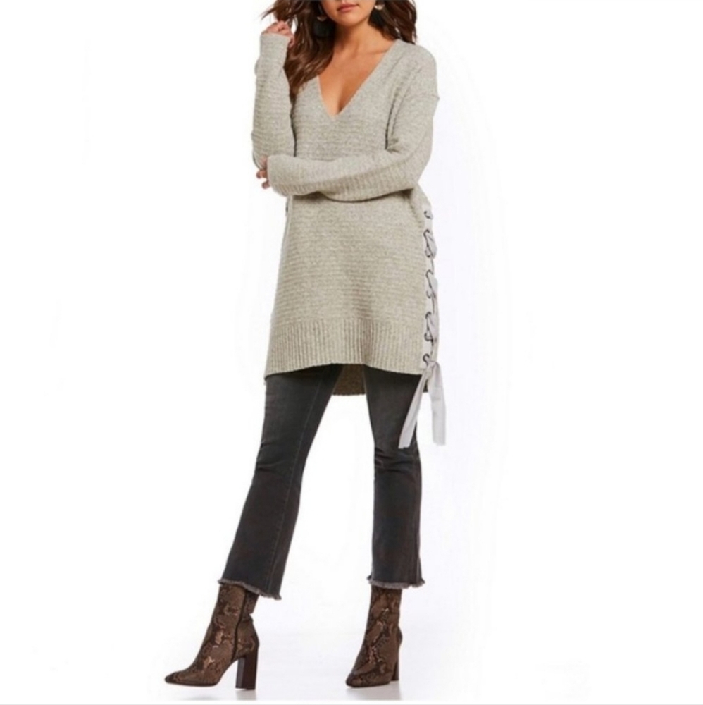 Free People Cream Sweater with Lace-Up Detail